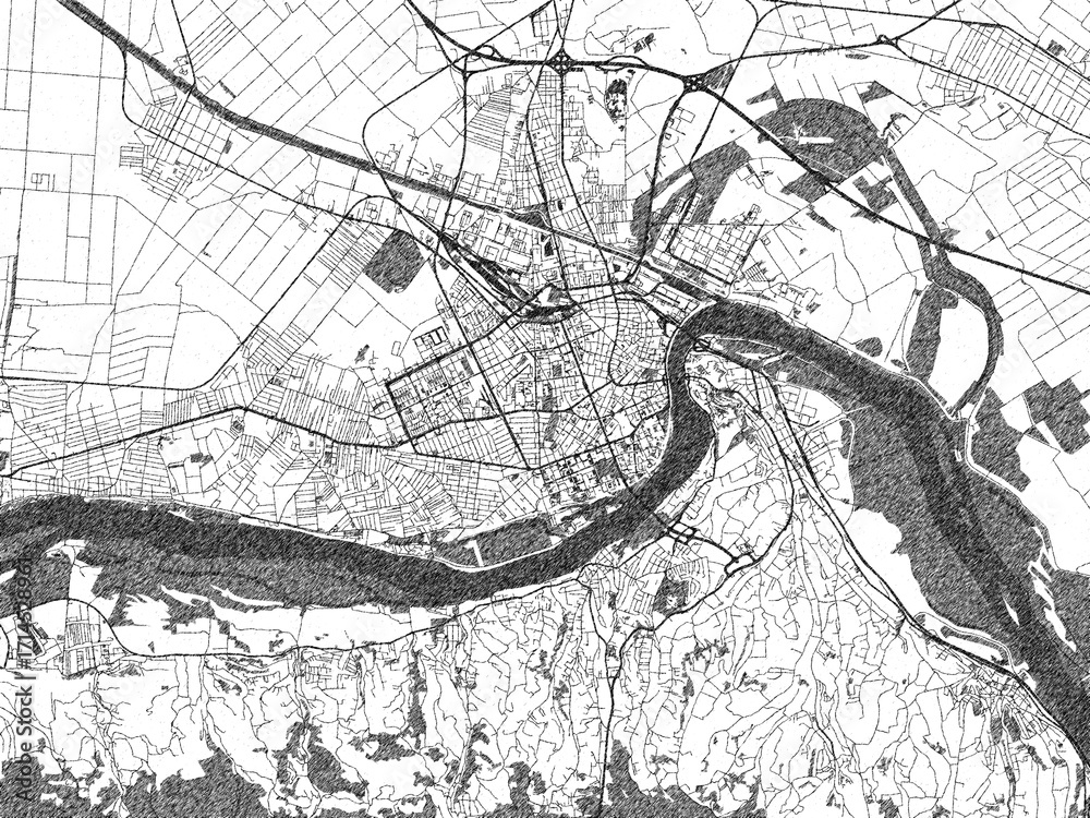 Naklejka premium Poster-ready black and white illustration map of Novi Sad, Serbia, detailed and artistic.