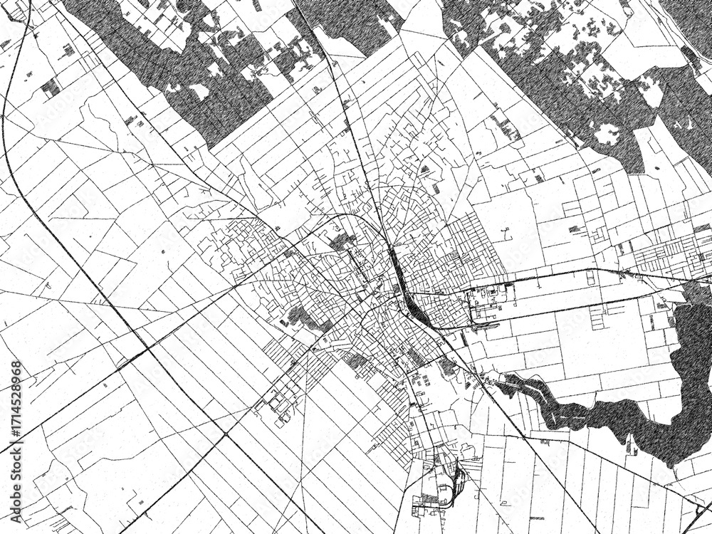 Fototapeta premium Detailed artistic sketch map of Subotica, Serbia, in monochrome black and white.