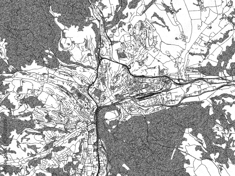 Fototapeta premium Minimal poster-style map of Banska Bystrica, Slovakia, hand-drawn in monochrome.