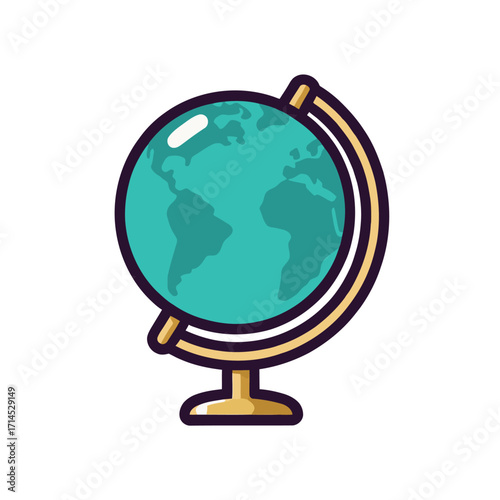 A turquoise and gold globe on a stand, a vector icon representing the world, geography, travel, and international education.