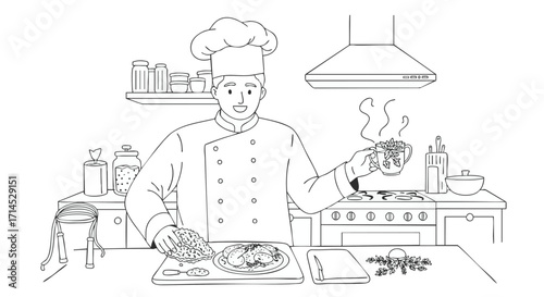 Chef's Culinary Creation Line Art Illustration of a Cooking Scene