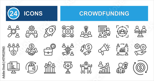 Crowdfunding line icons set with , featuring equity, investor, charity, refund, creator, social responsibility, legal complience, money, reward. thin linear illustration