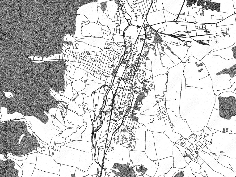 Naklejka premium Black and white cartographic illustration of Martin, Slovakia, in hand-drawn sketch form.