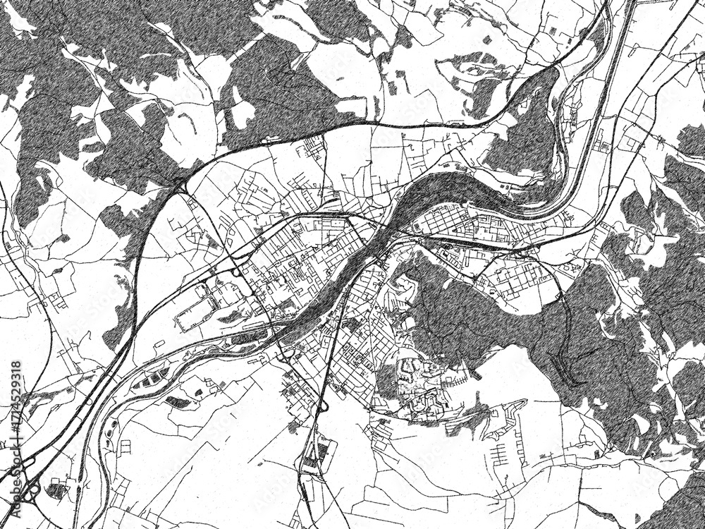 Obraz premium Detailed artistic sketch map of Trencin, Slovakia, in monochrome black and white.