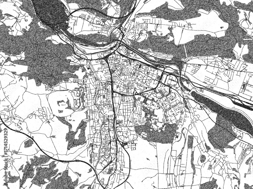 Naklejka premium Black and white map poster of Zilina, Slovakia, illustrated in hand-drawn style.