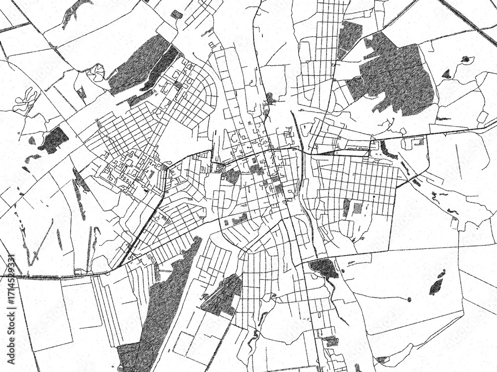Naklejka premium Illustrated city map of Bakhmut, Ukraine, in black and white, showing roads and textures.