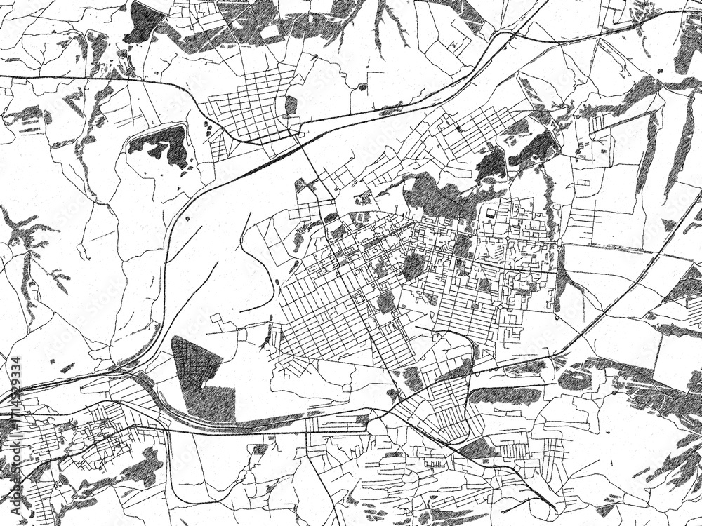 Fototapeta premium Poster-ready monochrome city map of Alchevsk, Ukraine, with detailed streets and rivers.