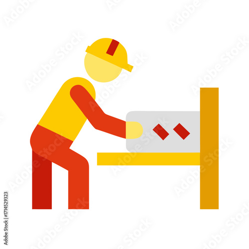Construction worker using a saw to cut a panel at workplace  