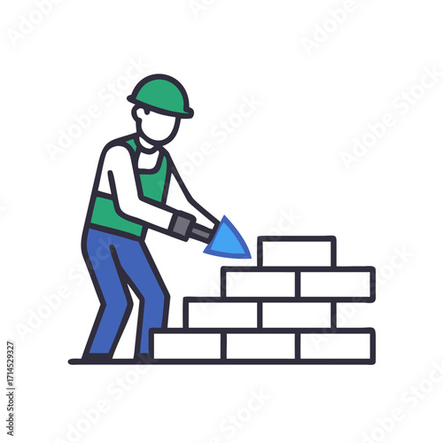 Construction worker laying bricks with trowel and safety helmet  