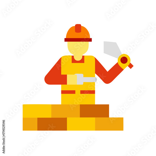 Construction worker using trowel to lay bricks in flat design  