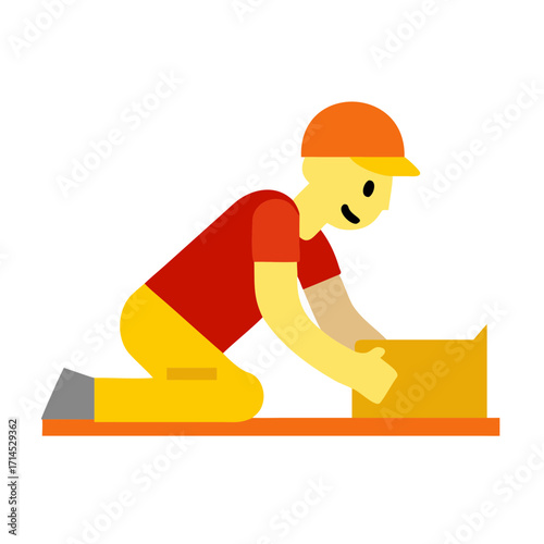 Cartoon worker kneeling and unpacking a box in a bright setting  