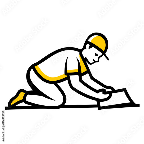 Construction worker laying laminate flooring with yellow safety gear  