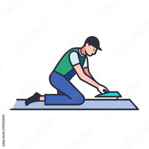 Young man laying laminate flooring in a home improvement setting  