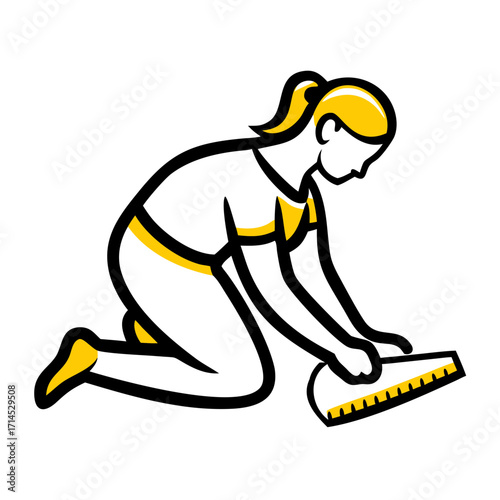 Young woman measuring laminate flooring while kneeling on the ground  