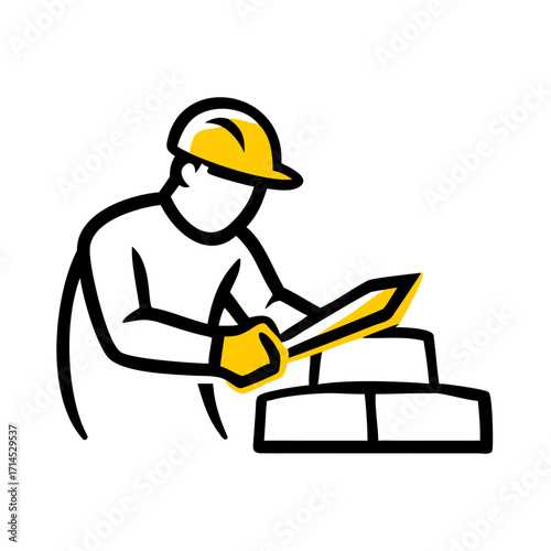 Worker cutting brick with chisel and wearing safety helmet  