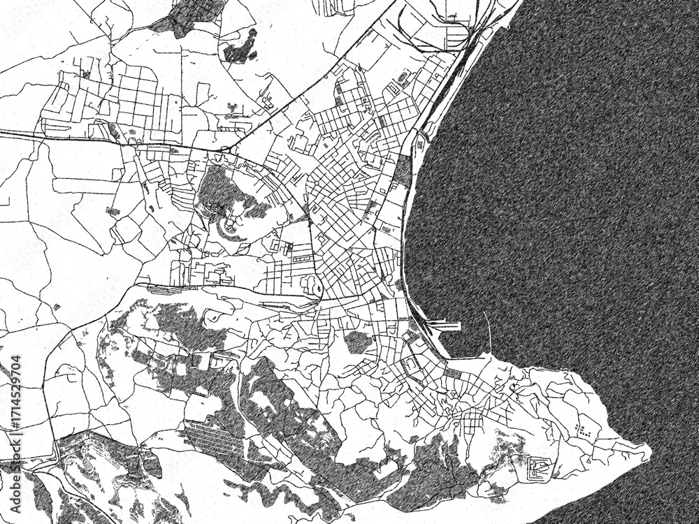 Obraz premium Black and white map poster of Feodosiya, Ukraine, illustrated in hand-drawn style.