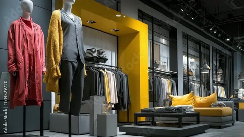 Wallpaper Mural The interior of a bright, contemporary clothing store features mannequins wearing fashionable attire that are highlighted on display platforms. Torontodigital.ca