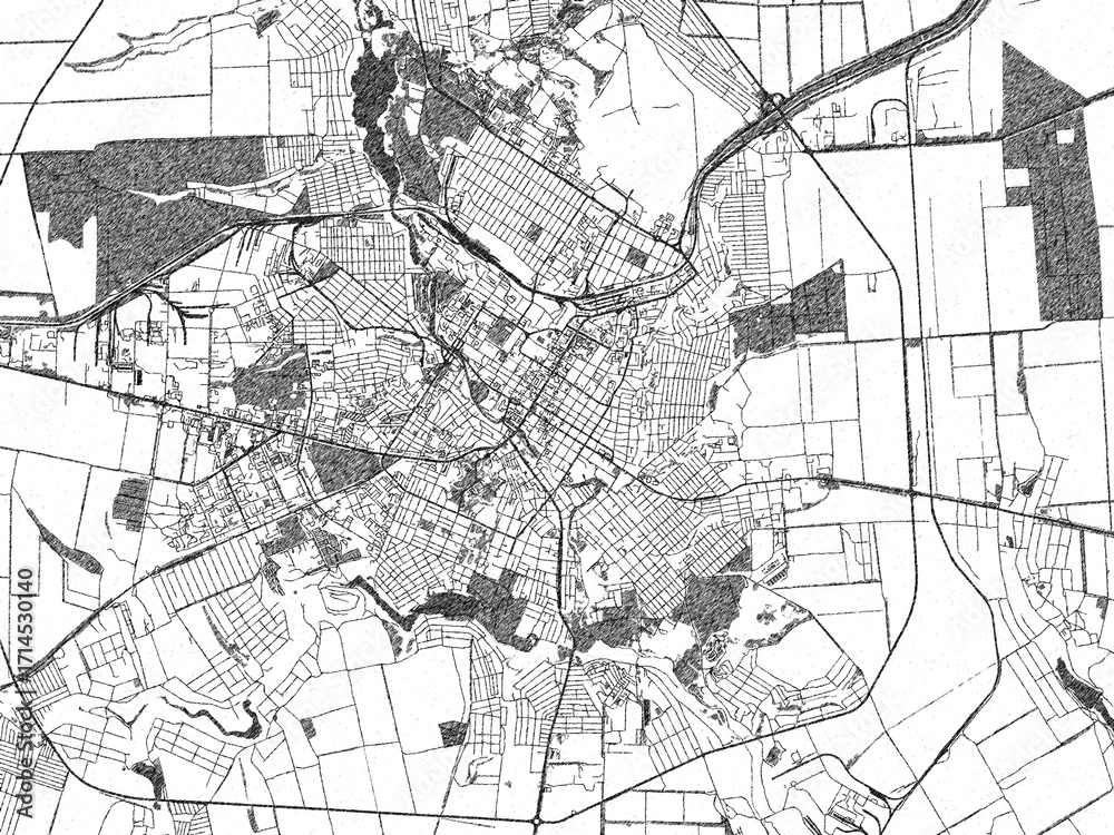 Naklejka premium Poster-ready black and white illustration map of Kropyvnytskyy, Ukraine, detailed and artistic.
