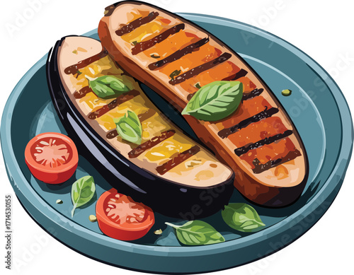 Grilled eggplant clipart, isolated cartoon illustration, sliced eggplants with charred edges.