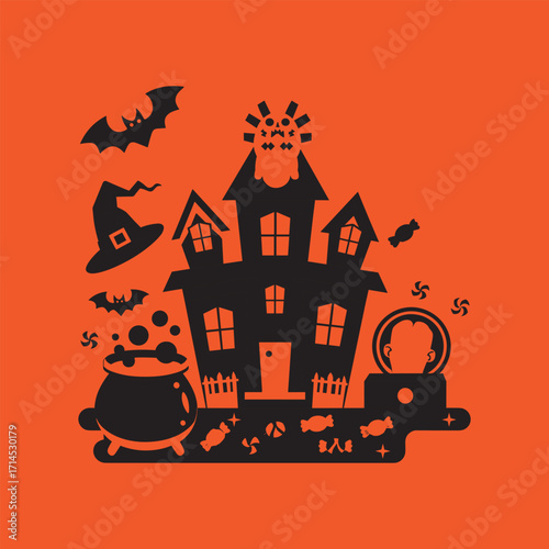 Haunted House with Cauldron, Witch Hat, Bats, and Halloween Candy on Orange Background