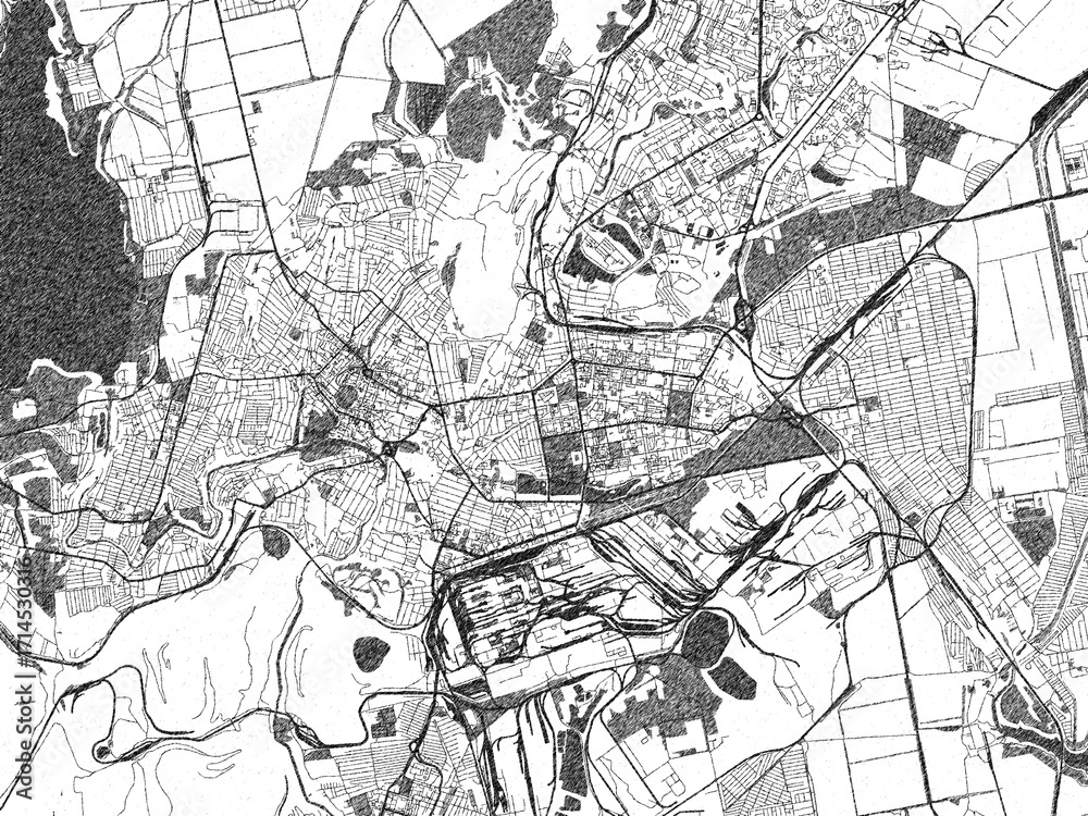 Fototapeta premium Black and white map poster of Kryvyy Rih, Ukraine, illustrated in hand-drawn style.