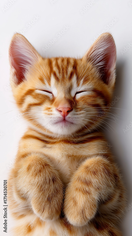 Fototapeta premium Cute ginger kitten sleeping with paws up on white blanket.