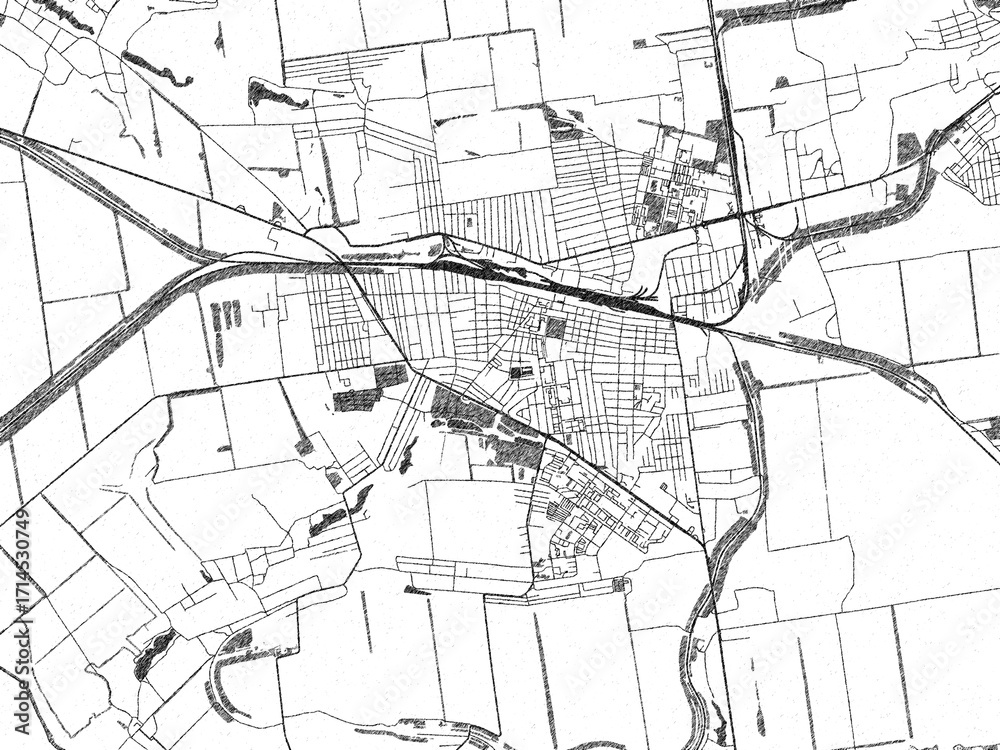 Obraz premium Minimal poster-style map of Pokrovsk, Ukraine, hand-drawn in monochrome.