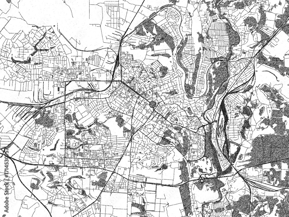 Fototapeta premium Poster-ready black and white illustration map of Poltava, Ukraine, detailed and artistic.