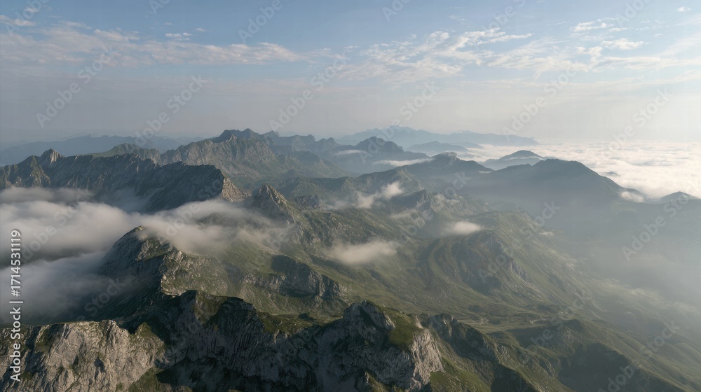 Fototapeta premium Drone flight above Austrian mountains with summer meadows and ridges