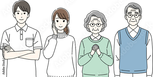 Cartoon illustration of four people, different ages, standing side by side, generational diversity, family or group concept, lifestyle, character design, vector