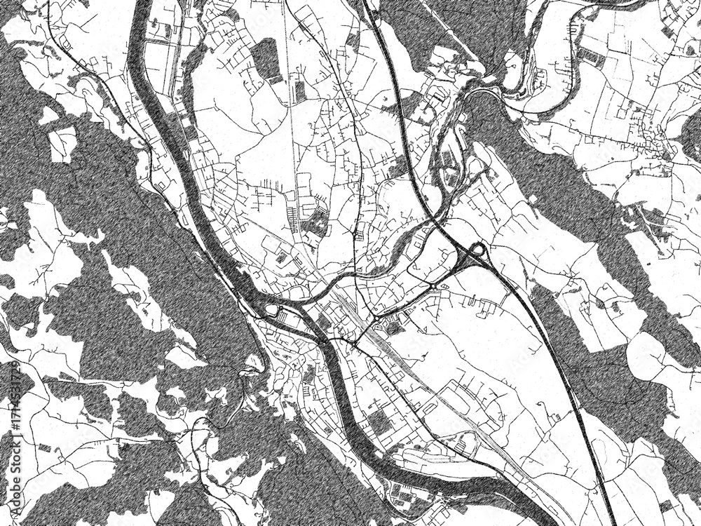 Naklejka premium Poster-ready black and white illustration map of Hallein, Austria, detailed and artistic.