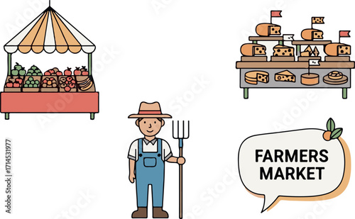 Colorful Farmers Market Illustration Featuring Produce Stall, Farmer, and Cheese Display