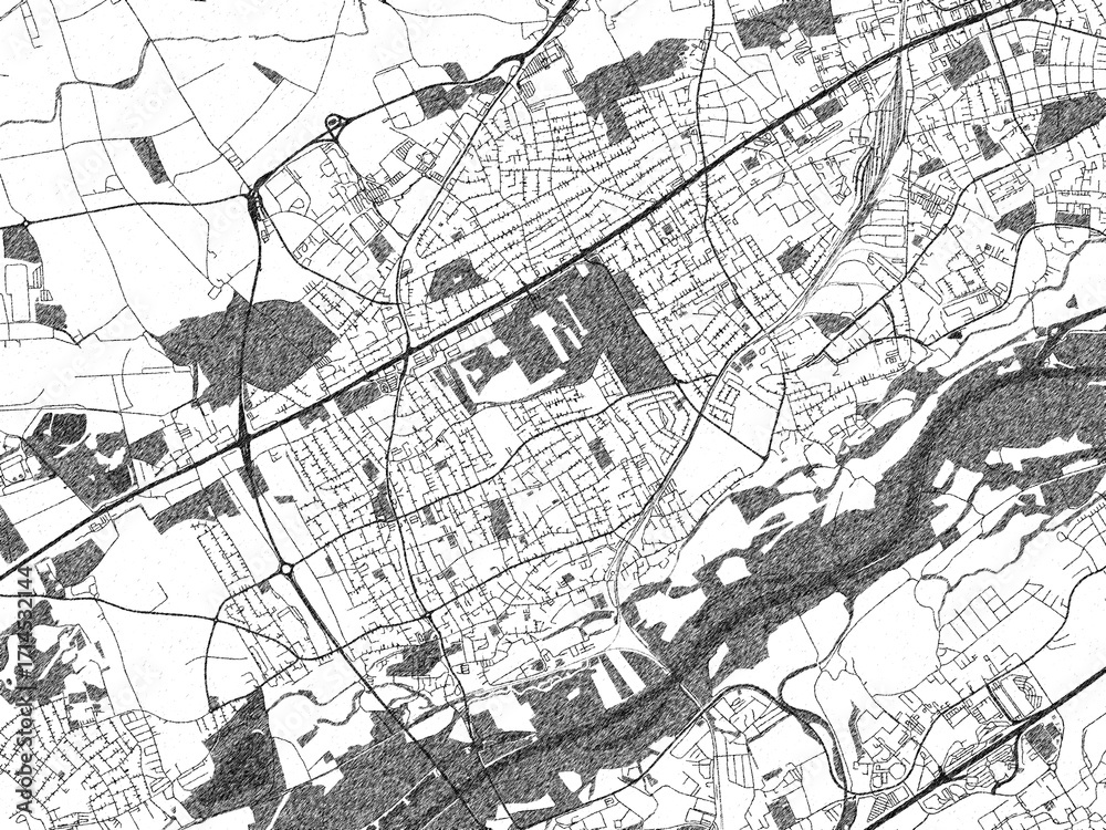Naklejka premium Decorative black and white map of Traun, Austria, rendered in sketch-like style.