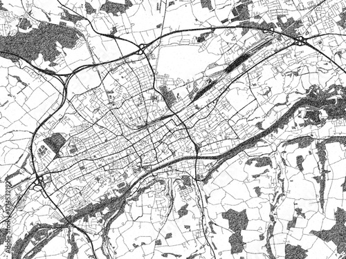 City map illustration of Wels, Austria, rendered in black and white sketch style.