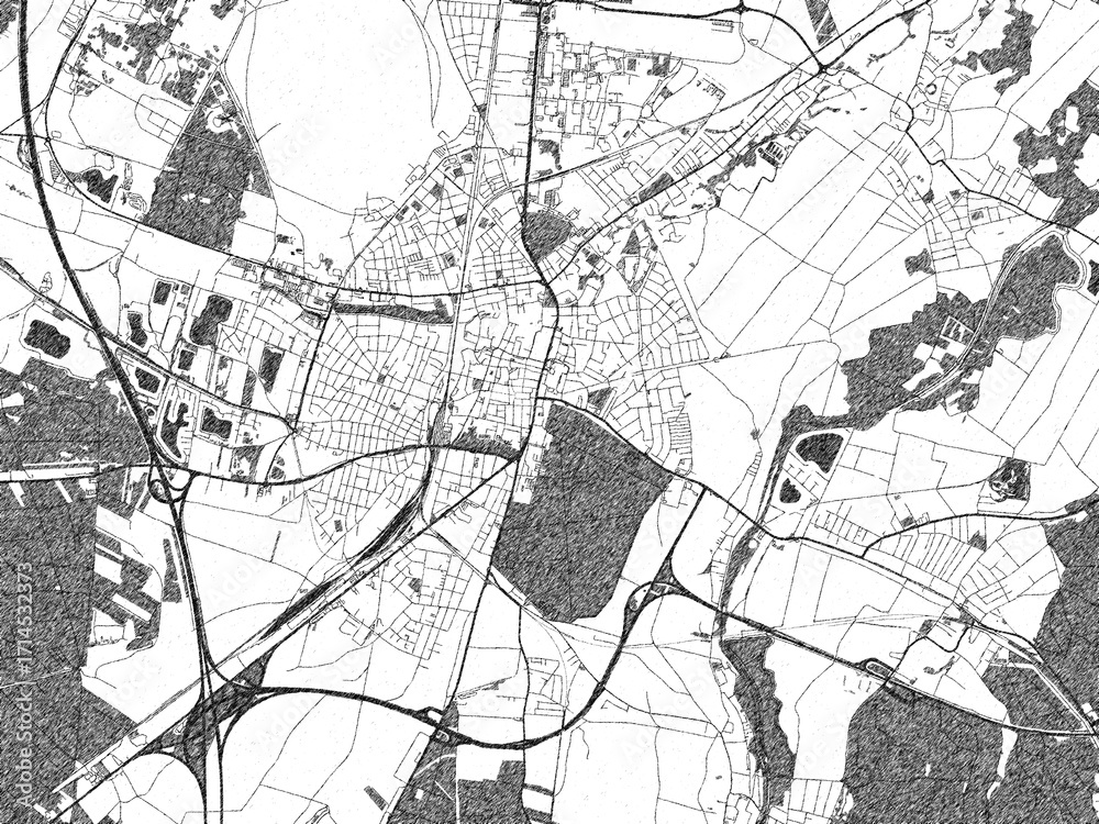 Naklejka premium City map illustration of Wiener Neustadt, Austria, rendered in black and white sketch style.