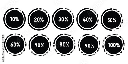 Set of circle percentage diagrams meters from 0 to 100 ready-to-use for web design, user interface UI - indicator with black