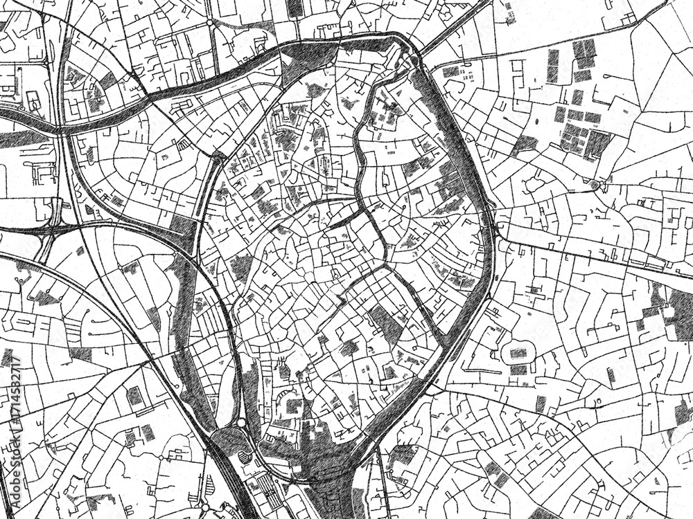 Fototapeta premium Stylized black and white urban map of Brugge Centrum, Belgium, hand-drawn for decor and creative use.