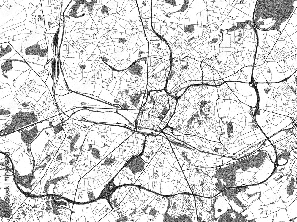 Fototapeta premium Illustrated city map of Charleroi, Belgium, in black and white, showing roads and textures.