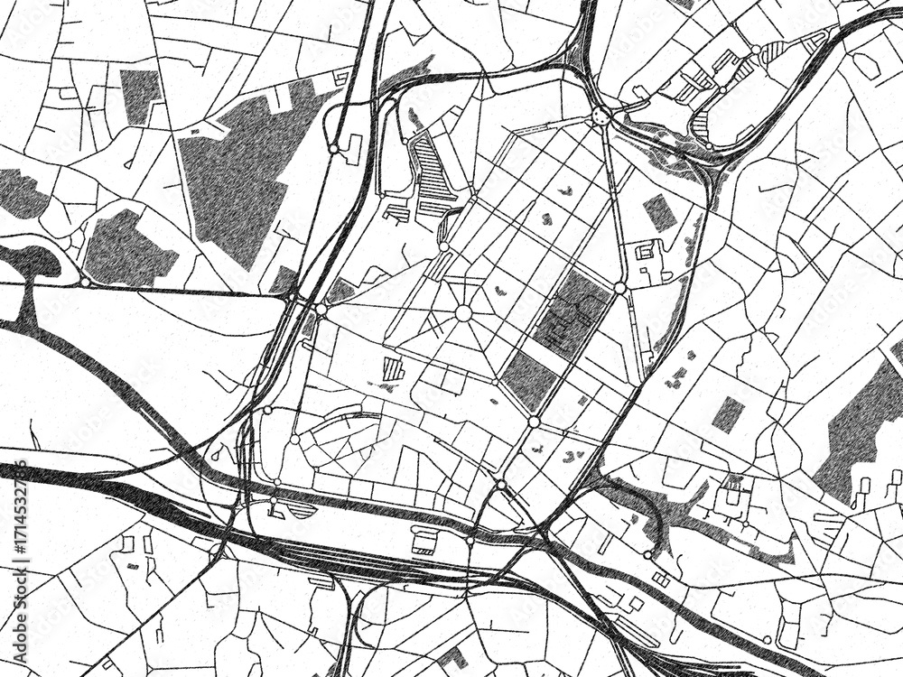 Naklejka premium Hand-drawn style black and white city map of Charleroi Centre, Belgium, with detailed streets and textures.