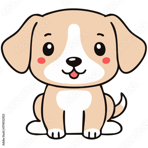 Cute cartoon puppy vector illustration, kawaii dog character with big eyes and blush cheeks, adorable pet clipart design for kids, nursery decoration, stickers, coloring book and educational activity