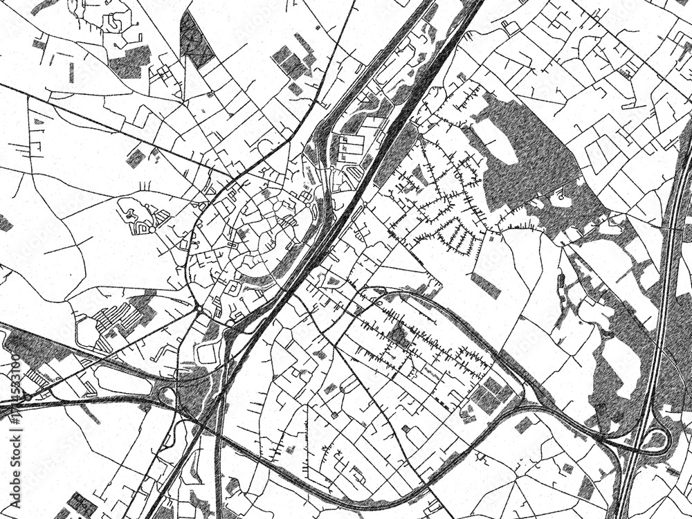 Fototapeta premium Illustrated map of Halle, Belgium, in black and white hand-drawn digital style.