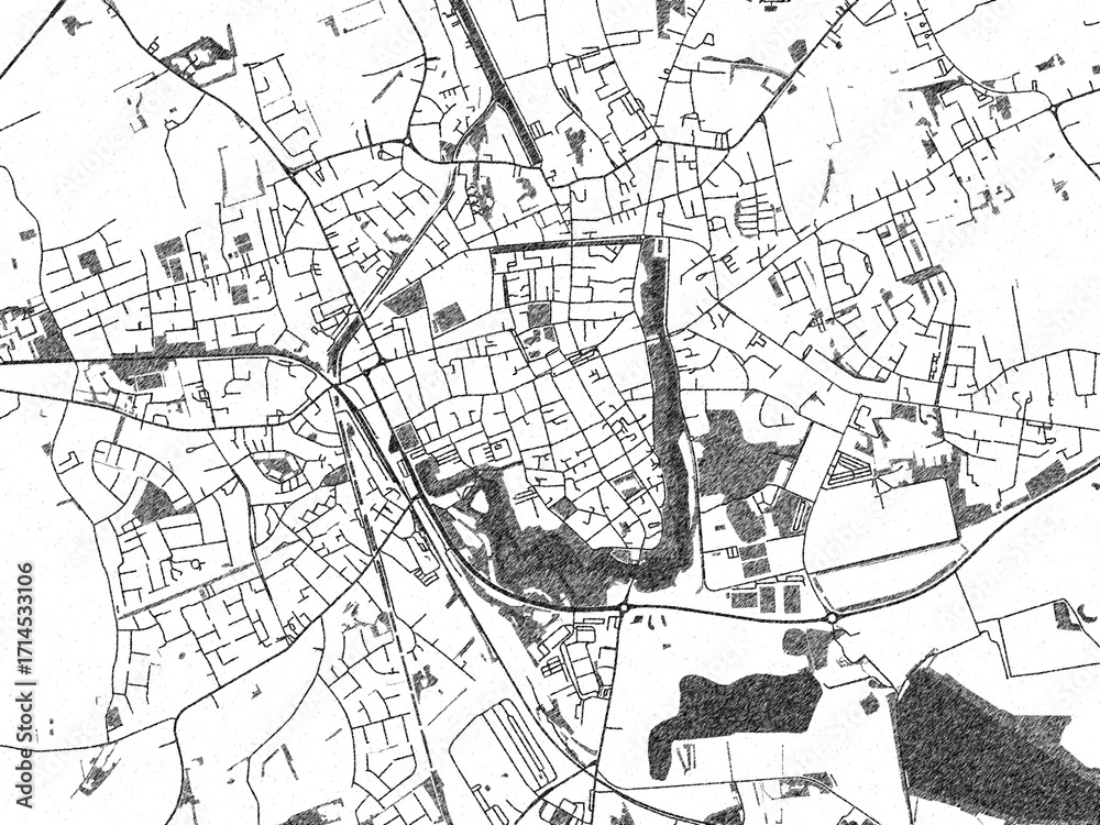 Fototapeta premium Hand-drawn black and white city map of Ieper, Belgium, ready for wall art or editorial projects.