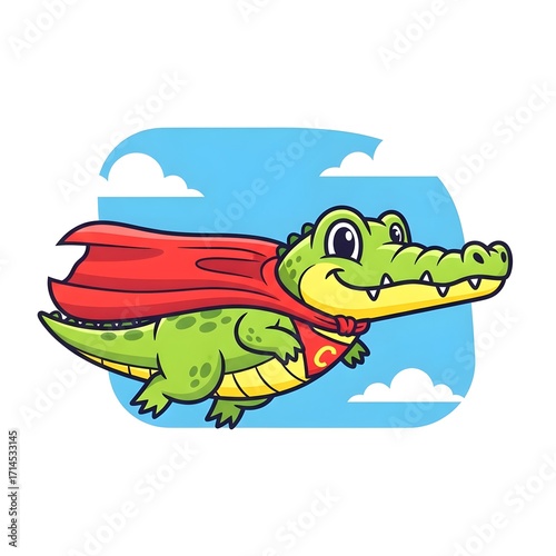 Flying superhero alligator wearing cape soaring through the sky with vibrant colors