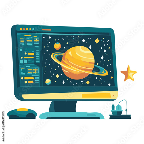 Desktop computer displaying a space scene