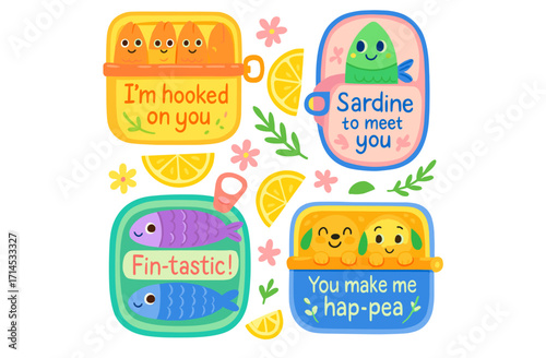 Cute Funny Food Puns Sticker Set. Kawaii Fish Sardines and Happy Dogs in Tins Vector Illustration.