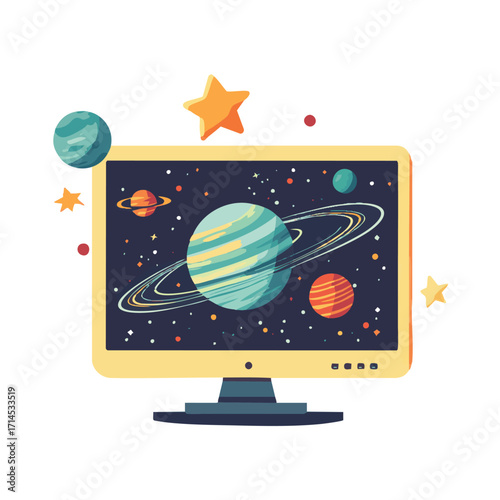Space-themed computer monitor.  A flat, cartoon-style illustration shows a monitor displaying a colorful space scene with planets, stars, and rings