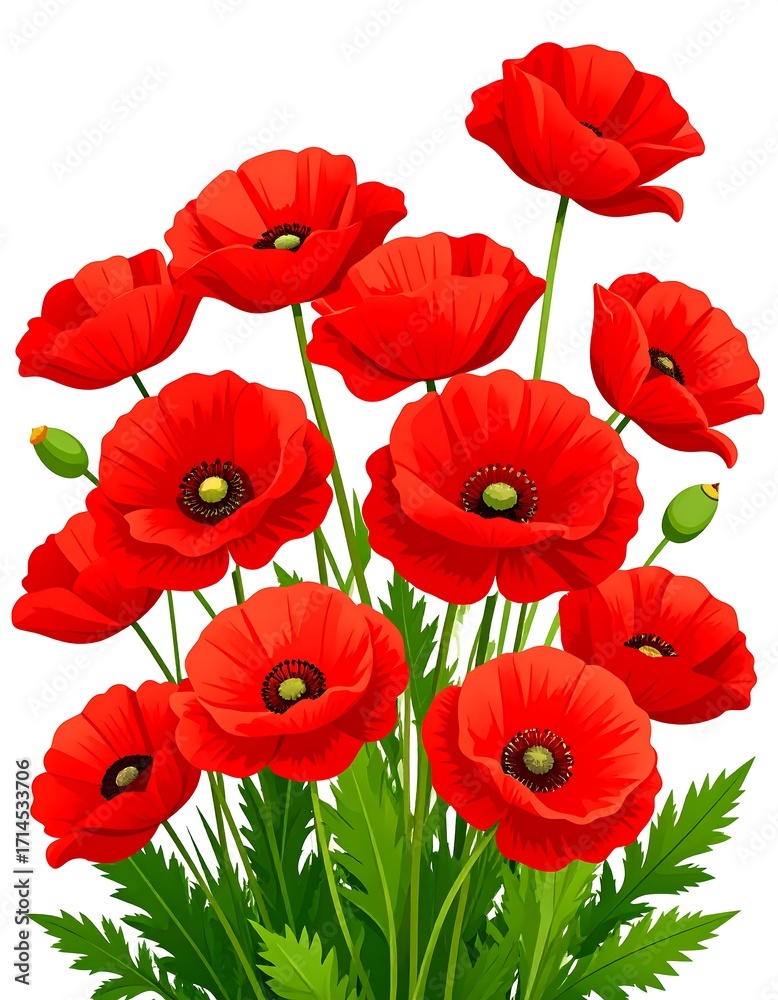 Obraz premium Vivid red poppies bloom in a cluster against a pure white background.