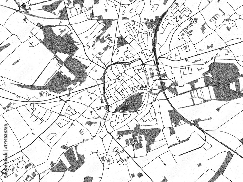 Naklejka premium Stylized decorative city map of Tongeren, Belgium, hand-drawn in black and white.