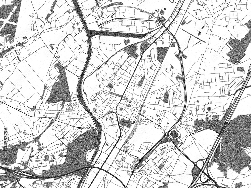 Fototapeta premium Stylized black and white urban map of Vilvoorde, Belgium, hand-drawn for decor and creative use.