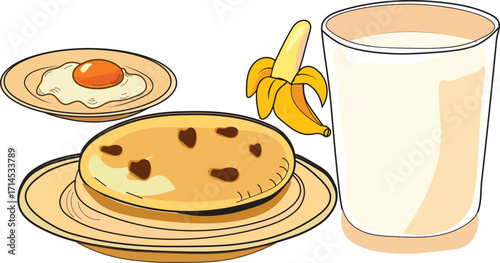 healthy breakfast bread , milk, egg, banana illustration